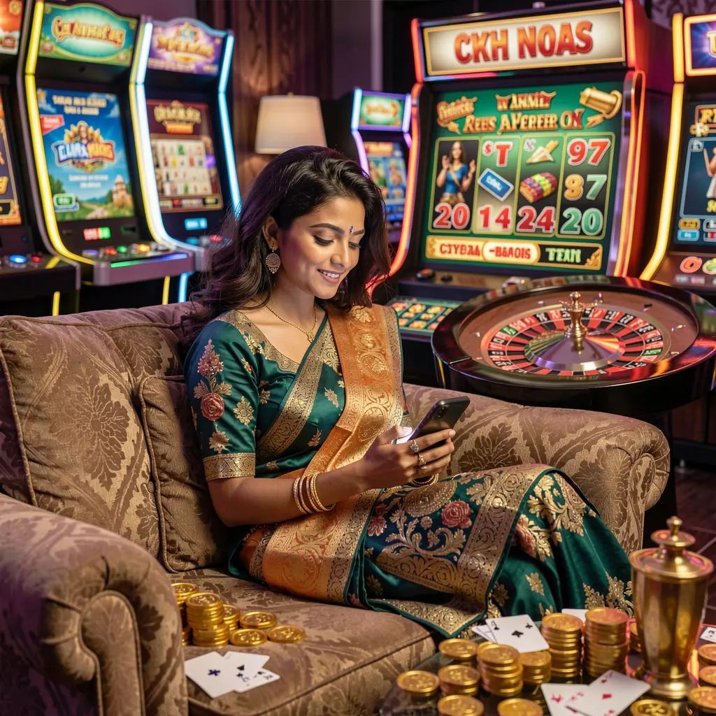 Confident Bangladeshi woman relaxing on a sofa while using the VG888 casino app surrounded by glowing roulette wheels cards and coins