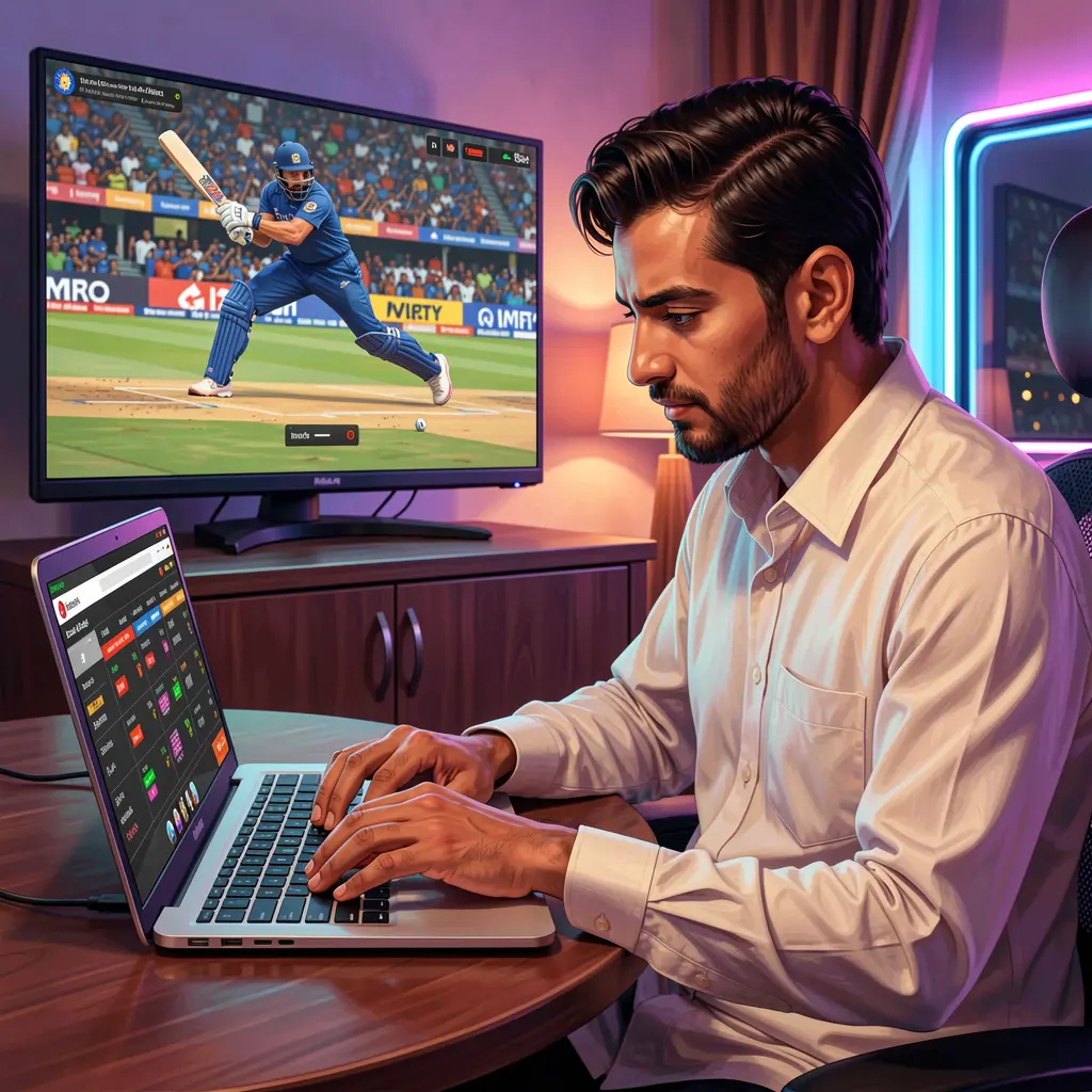 Late night sports betting session with live cricket streaming and betting markets displayed on a laptop using VG888 in Bangladesh