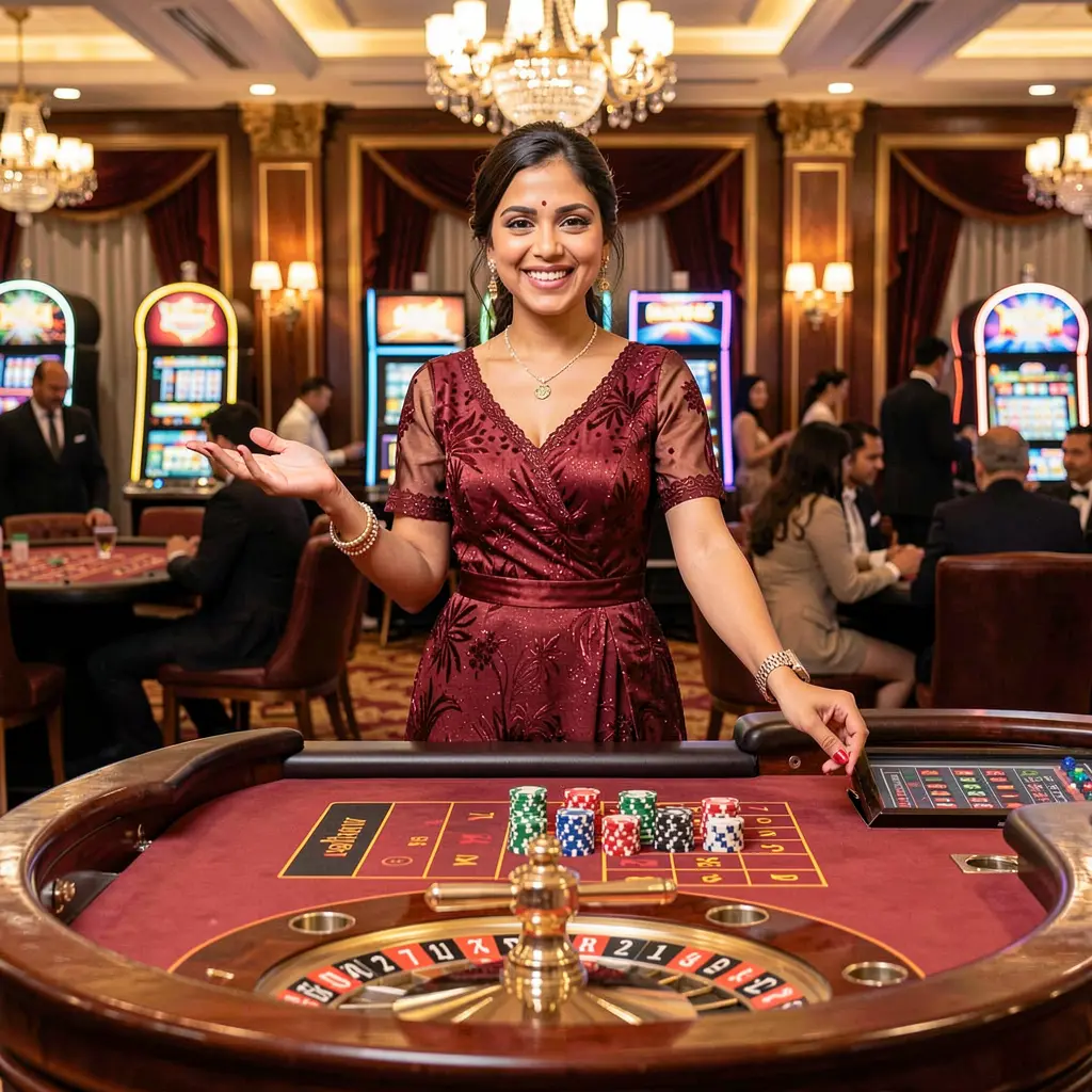 Elegant live casino dealer at a roulette table with a welcoming gesture inside the VG888 live casino environment for Bangladeshi players