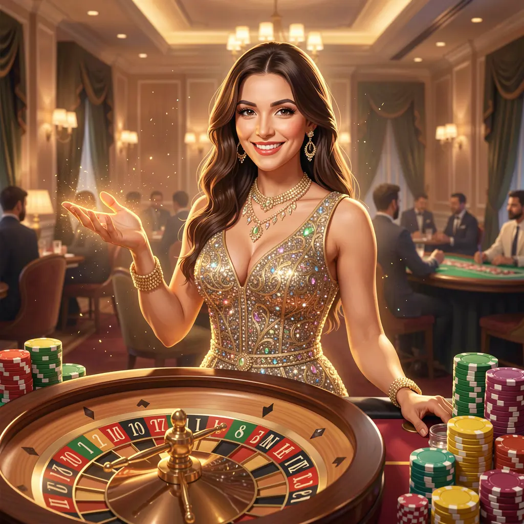 Smiling female casino hostess in a sparkling outfit inviting players to log in with a glowing roulette wheel and chips behind her at VG888 Bangladesh