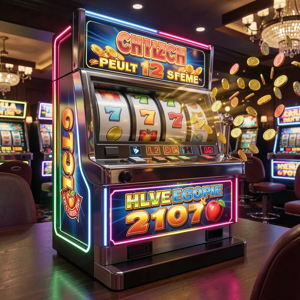 Modern slot machine with bright neon lights and falling gold coins representing high energy online slot gaming at VG888 in Bangladesh